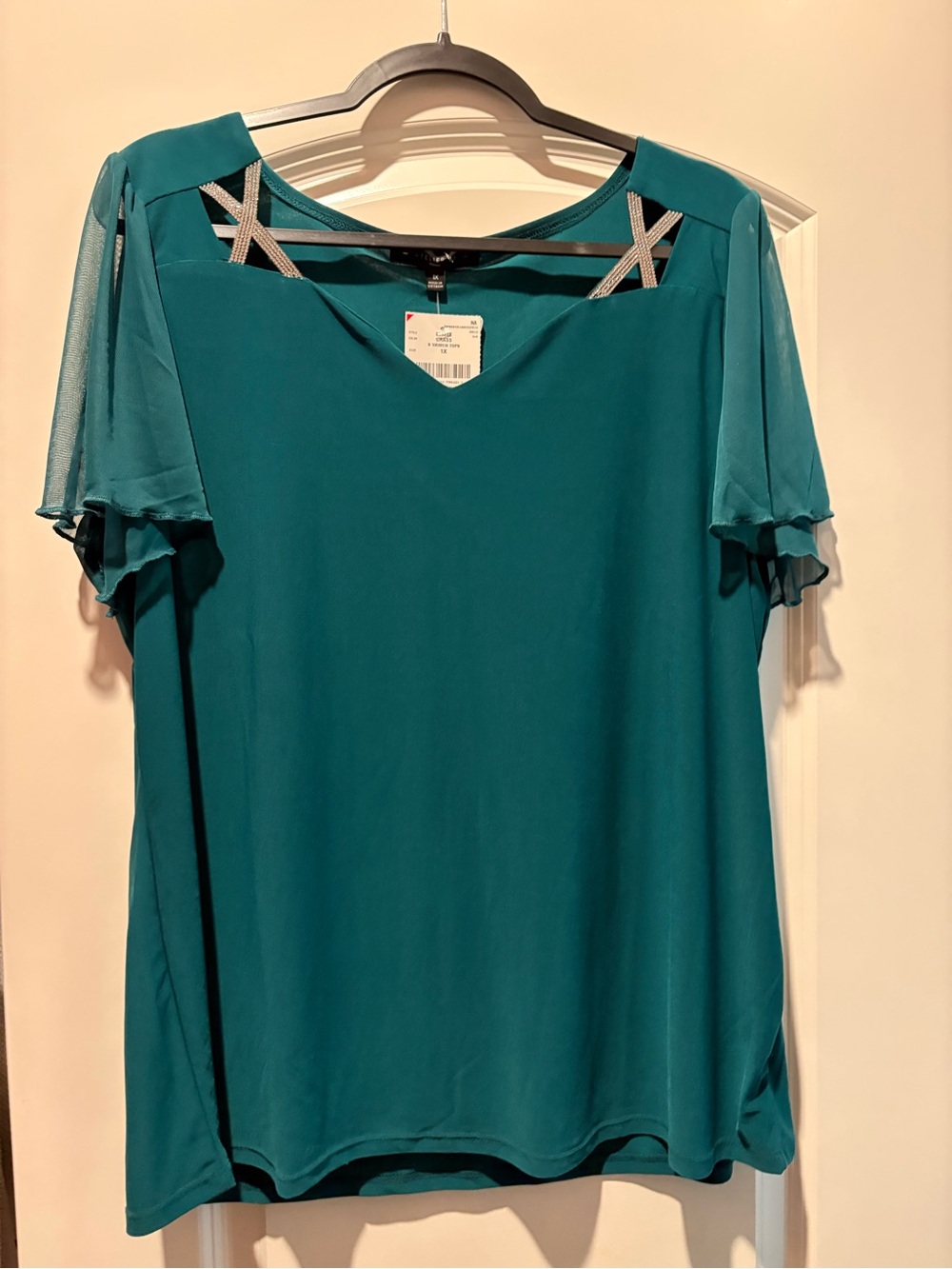 Green Short Sleeve Women’s Blouse with Strappy Detail